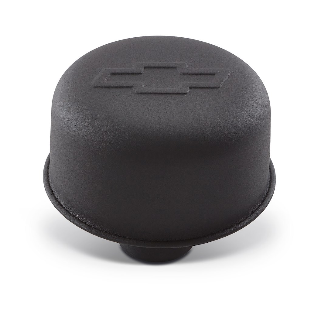Proform Crankcase Breather Cap, Round, 3 Inch Diameter, Push IN Style, Black Crinkle with Chevy Bowtie Emblem – 141-754