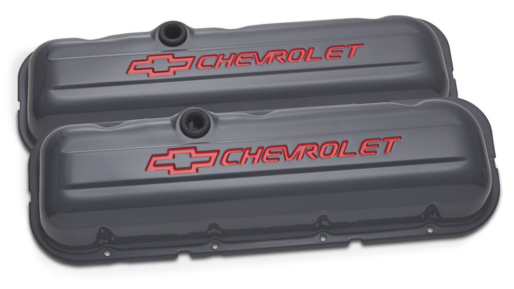 Proform Valve Cover, Big Block Chevy, Tall, 1965-1996 Big Block Chevy Bolt Pattern, With Baffle, Chevrolet and Bowtie Emblems, Shark Gray – 141-888