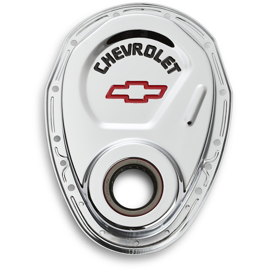 Proform Timing Cover, 1 Piece Cover, Chrome, Steel, With Oil Seal, With Painted Chevrolet Logo and Emblem – 141-904