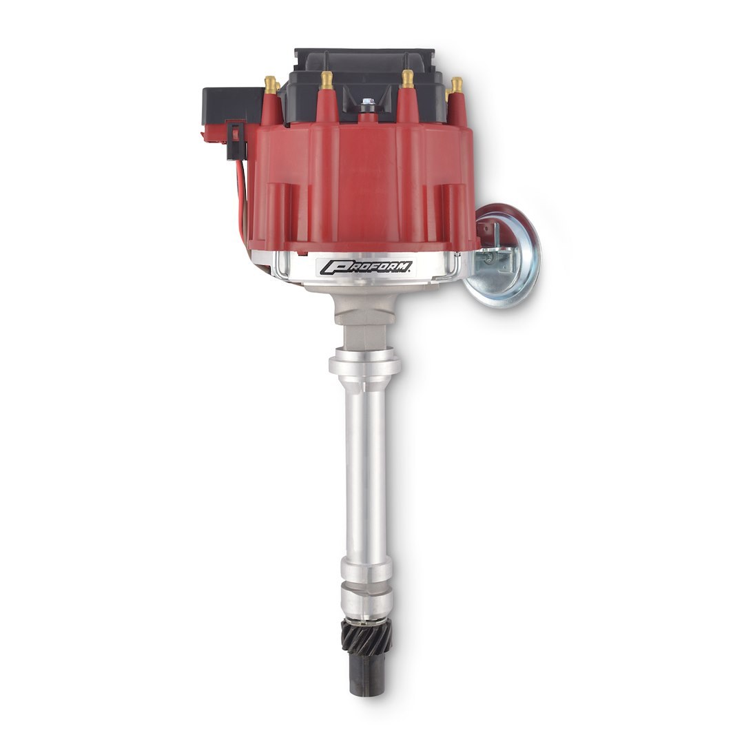 Proform Distributor, Fits Small Block and Big Block Chevy, With Ignition Module, Vacuum Advance, Red Cap with Male Hei Posts – 66941R