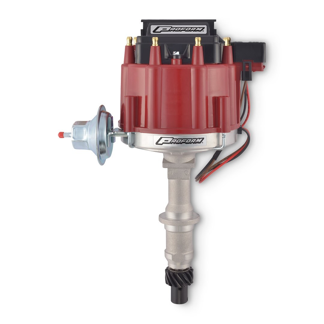 Proform Distributor, Fits Pontiac Small Block and Big Block, With Ignition Module, Vacuum Advance, Red Cap with Male Hei Posts – 66953