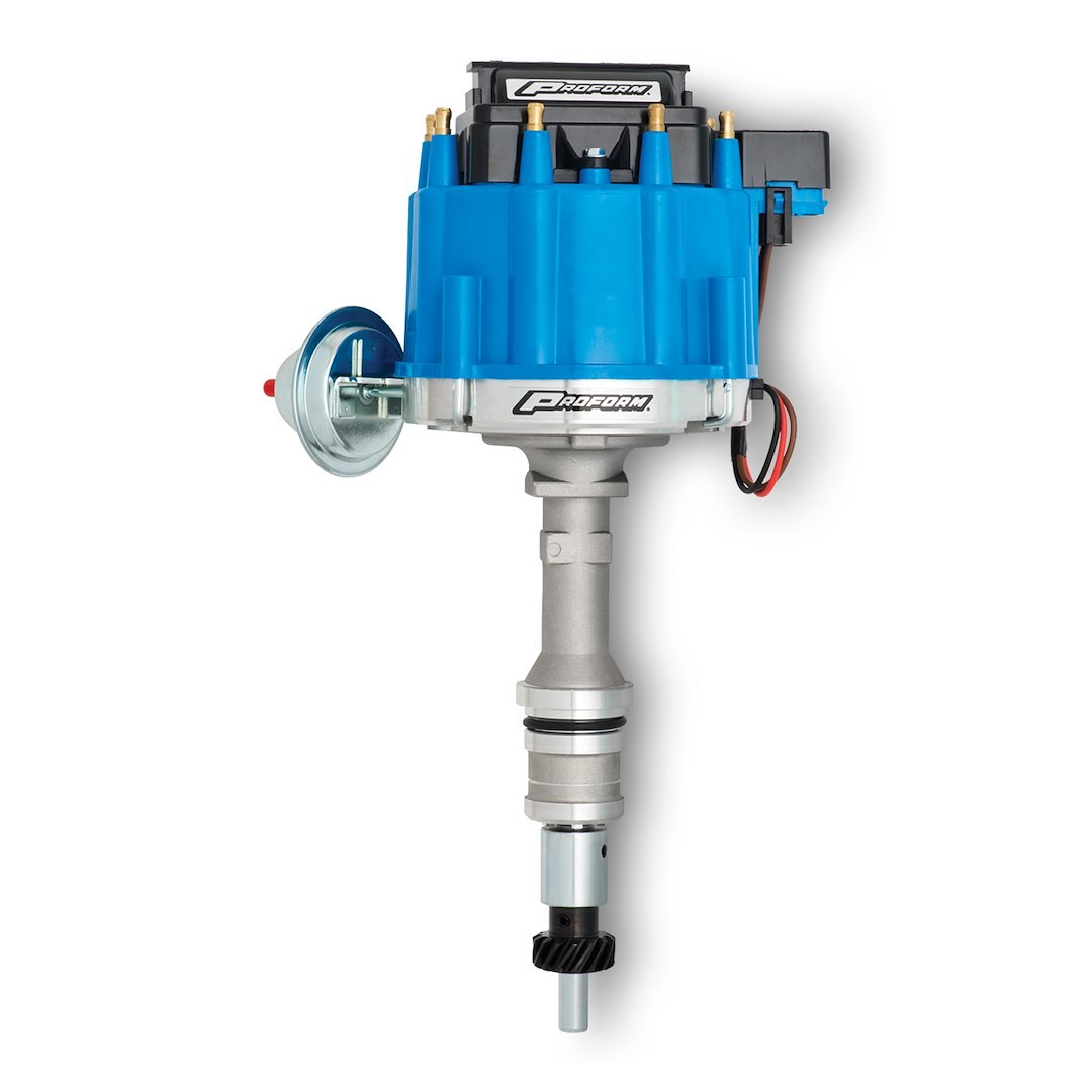 Proform Distributor, Fits Ford 351W, With Ignition Module, Vacuum Advance, Blue Cap with Male Hei Posts – 66983B