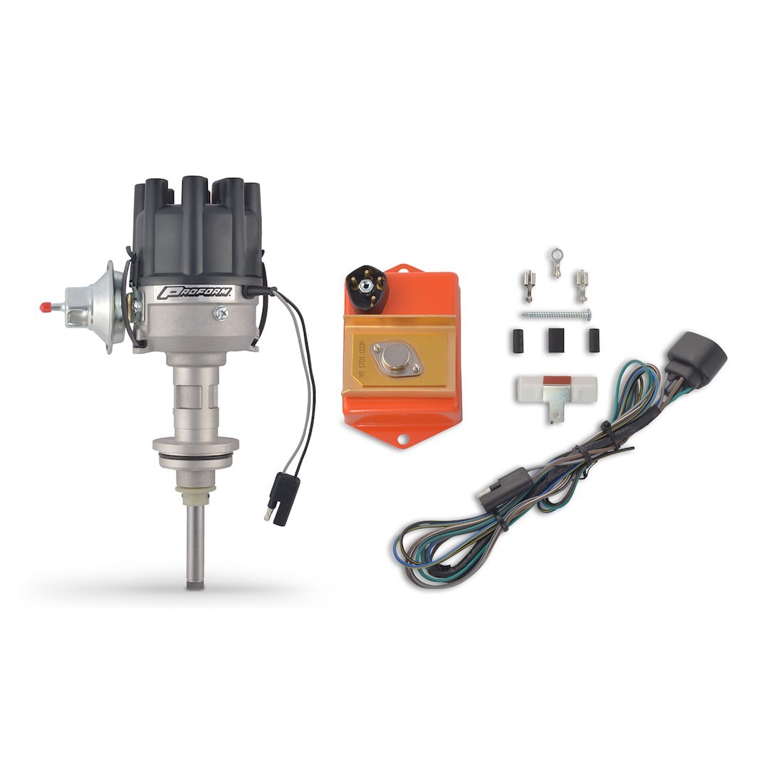 Proform Distributor, For Use on Chrysler 273/ 318/ 340/ 360, With Ignition Module, Vacuum Advance, Black Cap with Female Sockets – 66991
