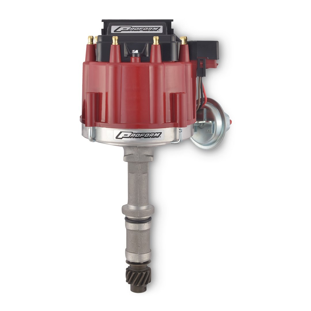 Proform Distributor, Fits Buick 215-350 V8, With Ignition Module, Vacuum Advance, Red Cap with Male Hei Posts, Intended for Racing – 67088