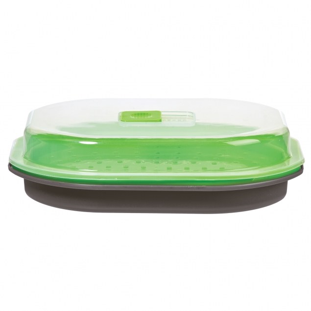 Progress Int Microwave Cookware, Prep Solutions ®, Steamer, Oval, 1 Quarts Capacity, Green with Clear Lid, High Heat Polypropylene – PS-46GY