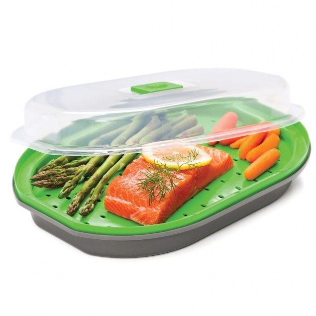 Progress Int Microwave Cookware, Prep Solutions ®, Steamer, Oval, 1 Quarts Capacity, Green with Clear Lid, High Heat Polypropylene – PS-46GY