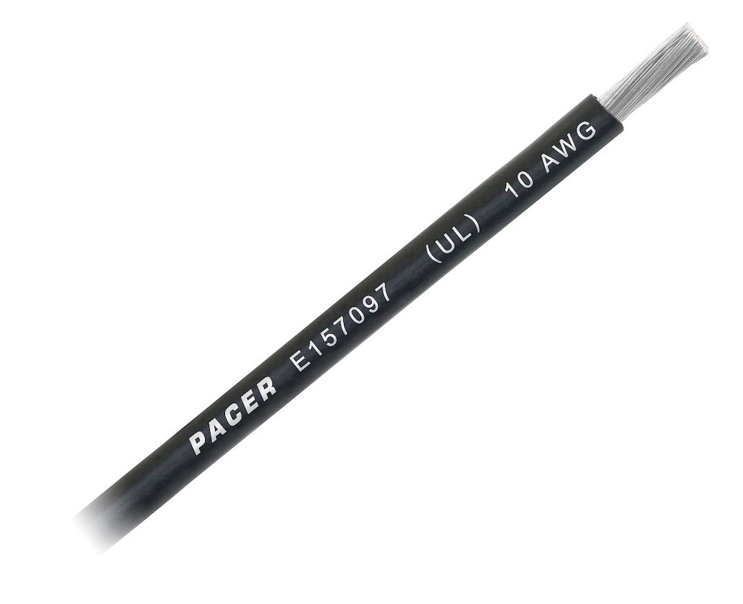 Pacer Primary Wire, Stranded Conductor, 10 Gauge, 600 Volts, Black, 100 Foot Roll, Tinned Copper Conductor/ PVC Insulation – WUL10BK-100