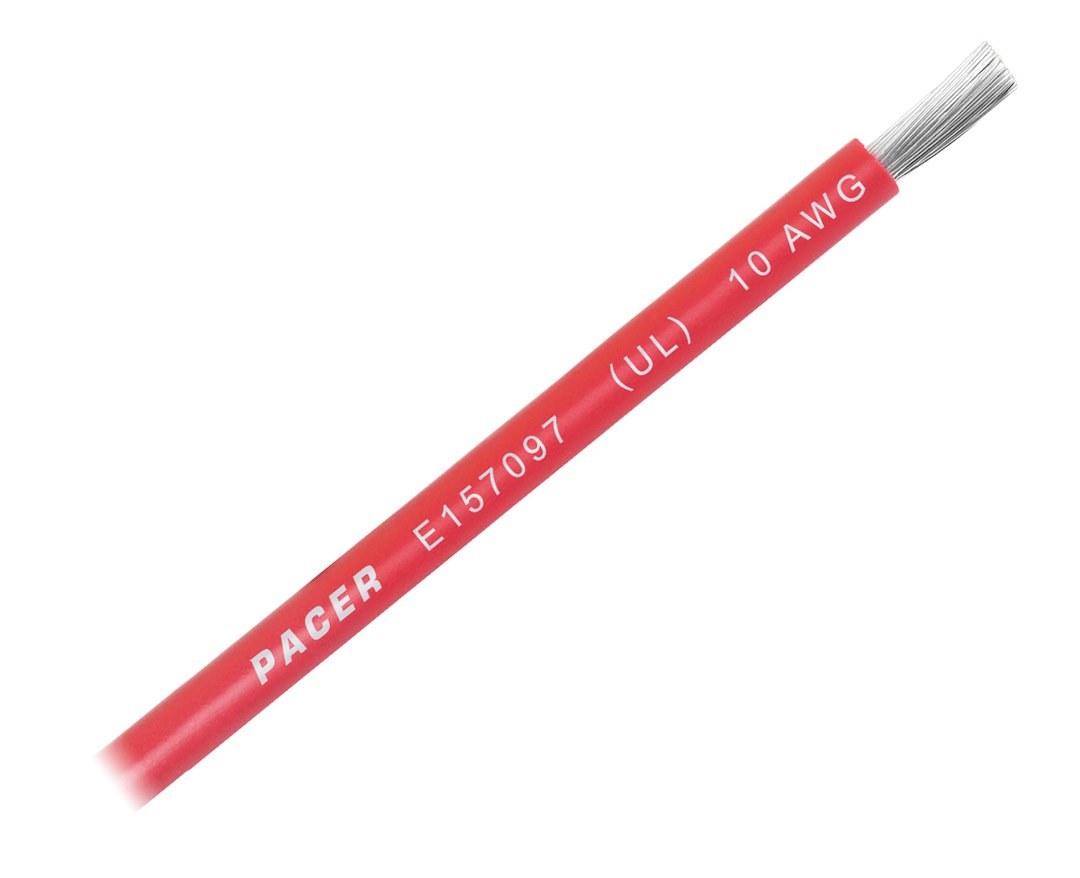 Pacer Primary Wire, Stranded Conductor, 10 Gauge, 600 Volts, Red, 100 Foot Roll, Tinned Copper Conductor/ PVC Insulation – WUL10RD-100