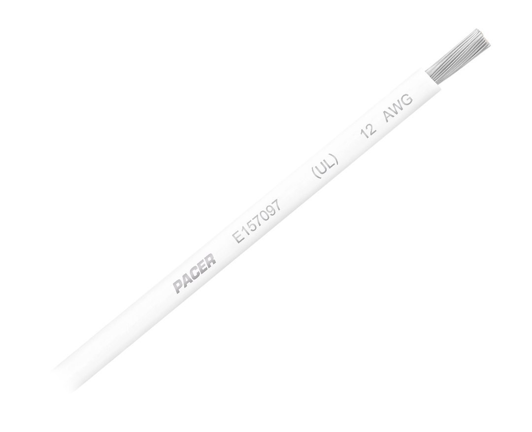 Pacer Primary Wire, Stranded Conductor, 12 Gauge, 600 Volts, White, 100 Foot Roll, Tinned Copper Conductor/ PVC Insulation – WUL12WH-100