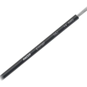 Pacer Primary Wire, Stranded Conductor, 14 Gauge, 600 Volts, Black, 100 Foot Roll, Tinned Copper Conductor/ PVC Insulation – WUL14BK-100