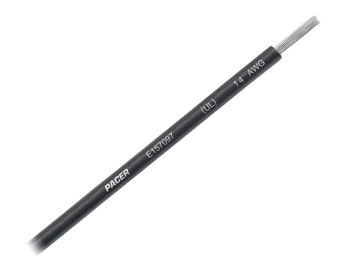 Pacer Primary Wire, Stranded Conductor, 14 Gauge, 600 Volts, Black, 100 Foot Roll, Tinned Copper Conductor/ PVC Insulation – WUL14BK-100