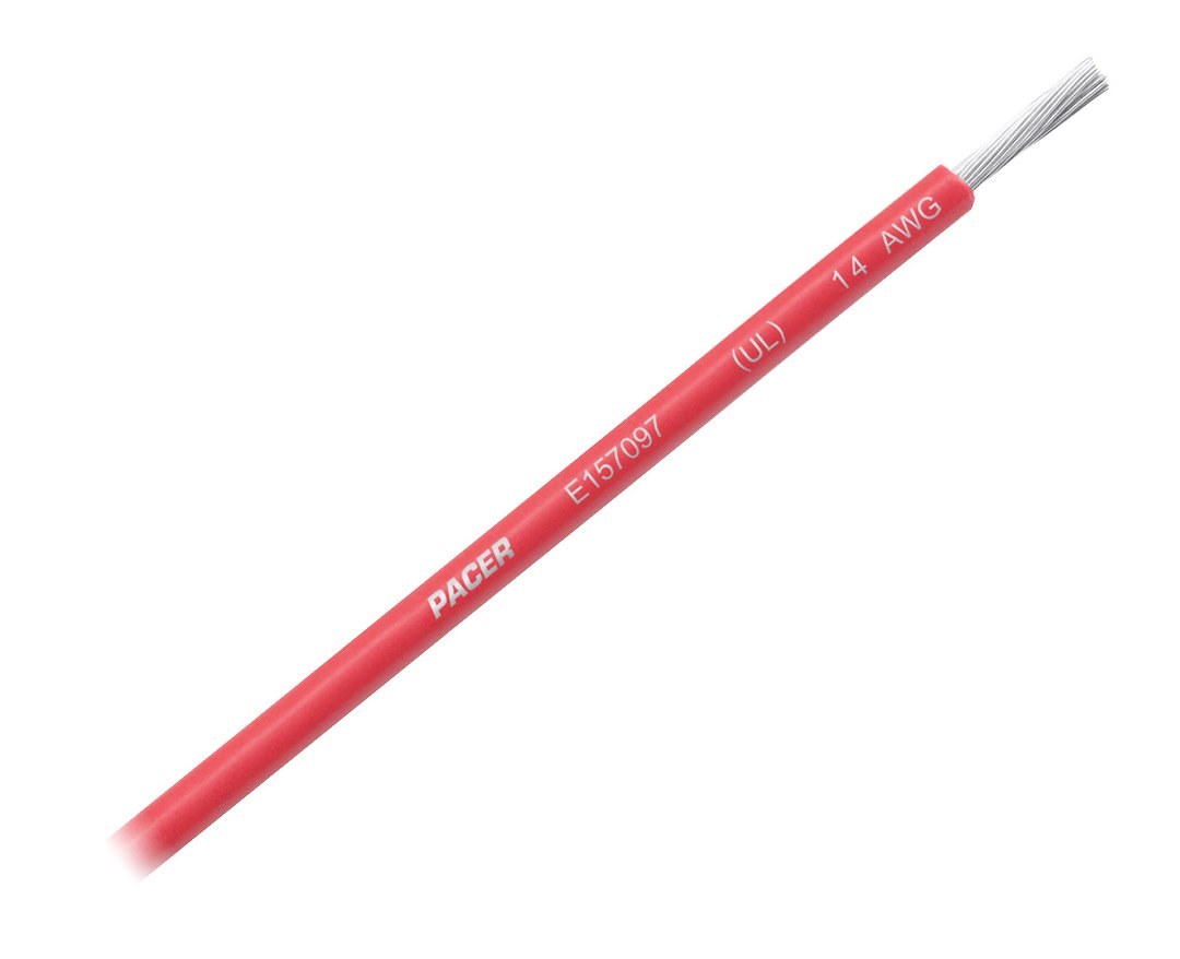 Pacer Primary Wire, Stranded Conductor, 14 Gauge, 600 Volts, Red, 500 Foot Roll, Tinned Copper Conductor/ PVC Insulation – WUL14RD-500