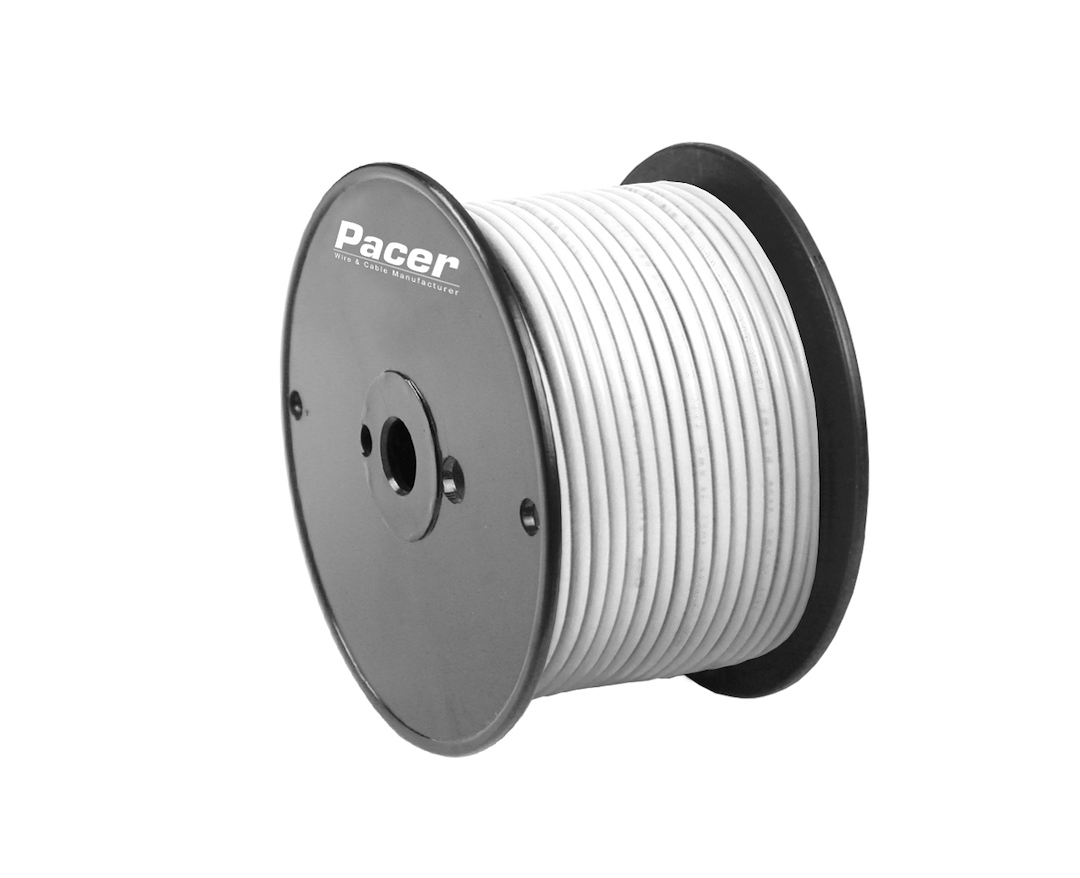 Pacer Primary Wire, Stranded Conductor, 14 Gauge, 600 Volts, White, 100 Foot Roll, Tinned Copper Conductor/ PVC Insulation – WUL14WH-100