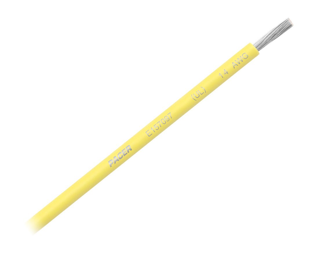 Pacer Primary Wire, Stranded Conductor, 14 Gauge, 600 Volts, Yellow, 100 Foot Roll, Tinned Copper Conductor/ PVC Insulation – WUL14YL-100