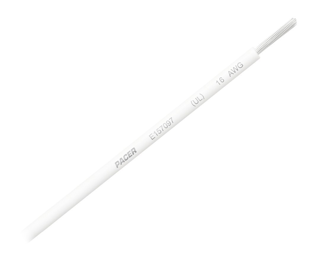 Pacer Primary Wire, Stranded Conductor, 16 Gauge, 600 Volts, White, 100 Foot Roll, Tinned Copper Conductor/ PVC Insulation – WUL16WH-100