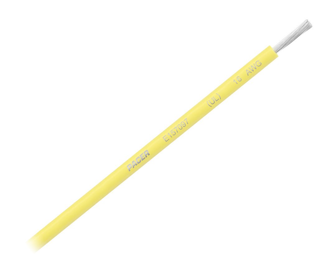 Pacer Primary Wire, Stranded Conductor, 16 Gauge, 600 Volts, Yellow, 100 Foot Roll, Tinned Copper Conductor/ PVC Insulation – WUL16YL-100