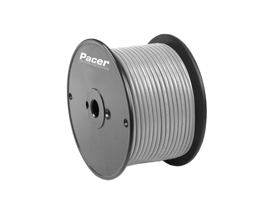 Pacer Primary Wire, Stranded Conductor, 18 Gauge, 600 Volts, Grey, 100 Foot Roll, Tinned Copper Conductor/ PVC Insulation – WUL18GY-100