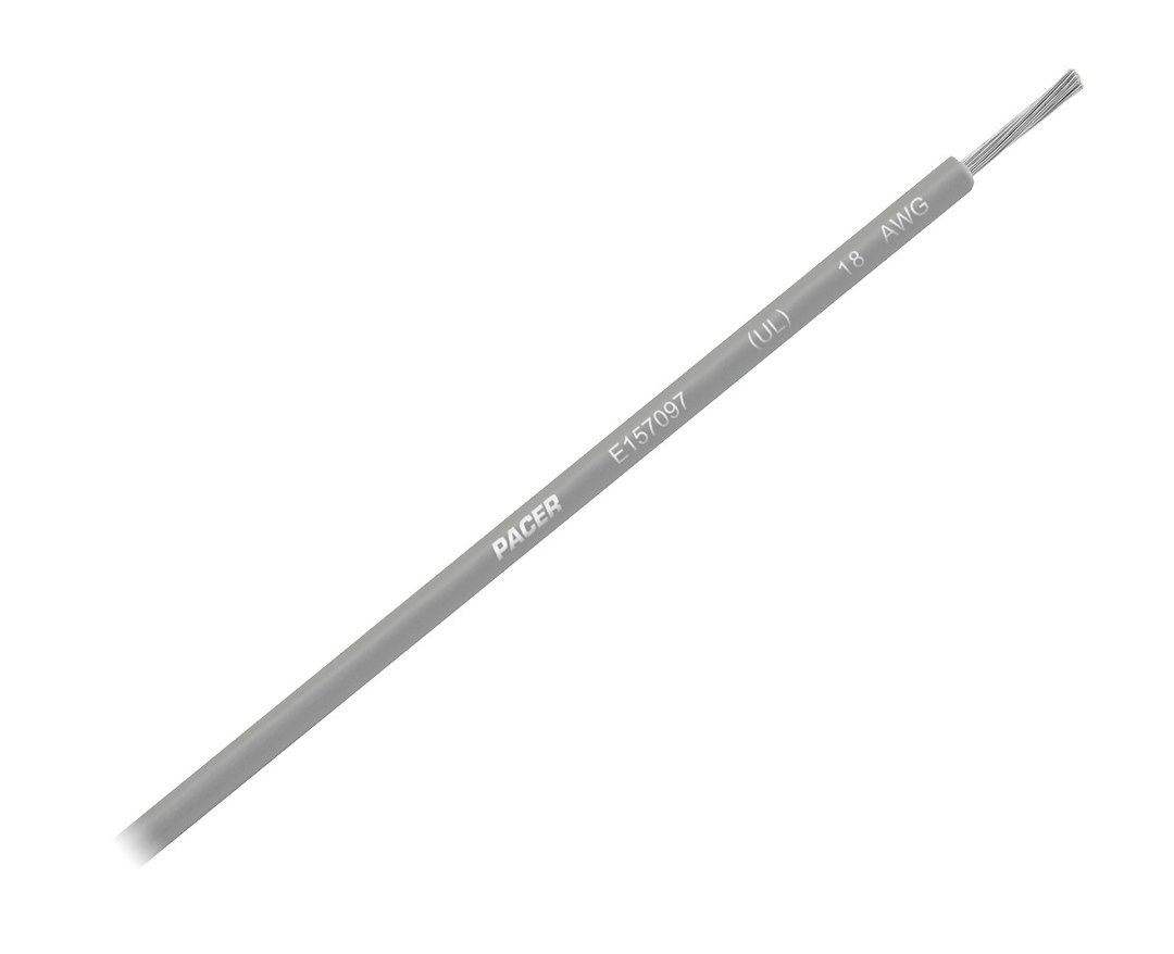 Pacer Primary Wire, Stranded Conductor, 18 Gauge, 600 Volts, Grey, 100 Foot Roll, Tinned Copper Conductor/ PVC Insulation – WUL18GY-100