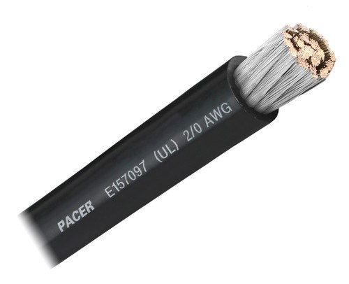 Pacer Battery Cable, Without Terminal, Black Negative, 2/0 Gauge, 600 Volts, Tinned Copper Conductor/ PVC Insulation, 25 Foot Roll – WUL2/0BK-25