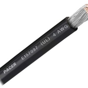 Pacer Battery Cable, Without Terminal, Black Negative, 4 Gauge, 600 Volts, Tinned Copper Conductor/ PVC Insulation, 25 Foot Roll – WUL4BK-25