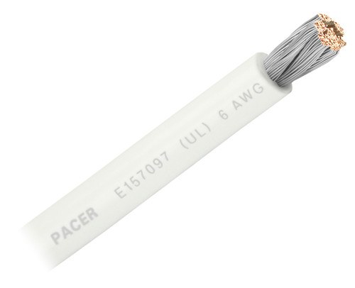 Pacer Battery Cable, Without Terminal, White Negative, 6 Gauge, 600 Volts, Tinned Copper Conductor/ PVC Insulation, 100 Foot Roll – WUL6WH-100