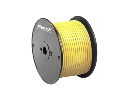 Pacer Primary Wire, Stranded Conductor, 8 Gauge, 600 Volts, Yellow, 100 Foot Roll, Tinned Copper Conductor/ PVC Insulation – WUL8YL-100