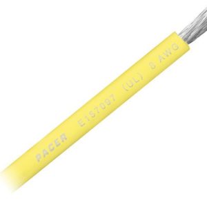 Pacer Primary Wire, Stranded Conductor, 8 Gauge, 600 Volts, Yellow, 100 Foot Roll, Tinned Copper Conductor/ PVC Insulation – WUL8YL-100