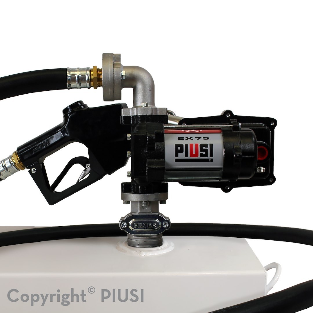 Piusi Liquid Transfer Tank Pump, EX75, Gasoline/ Diesel/ Kerosene, Electric, 12 Volt DC, 20 Gallons Per Minute, 13 Feet Hose, Auto-Nozzle – F0037851A