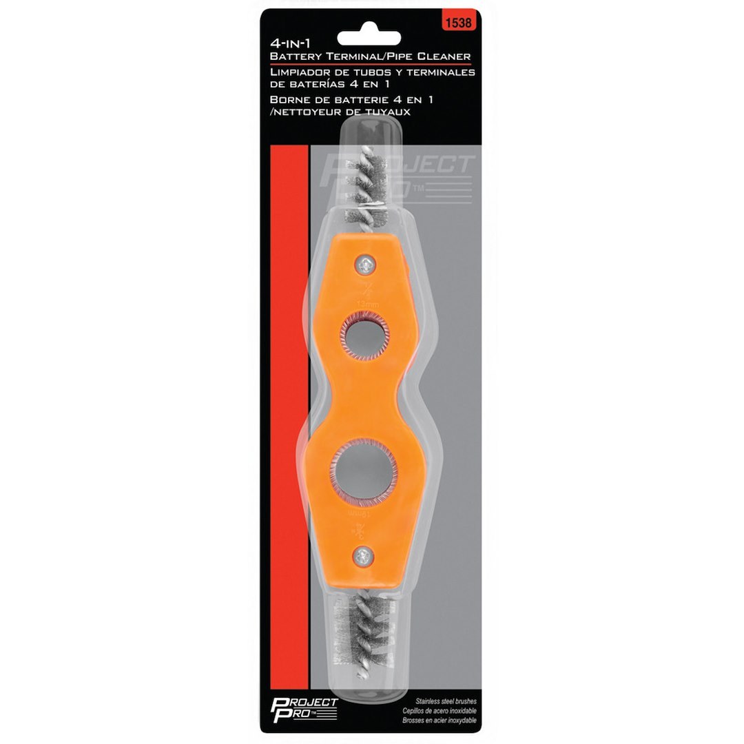 Performance Tool Battery Terminal Cleaner, 4-IN-1, Use to Clean Battery Post and Terminals, Orange, ABS Housing/ Stainless Steel Brush, Single – 1538