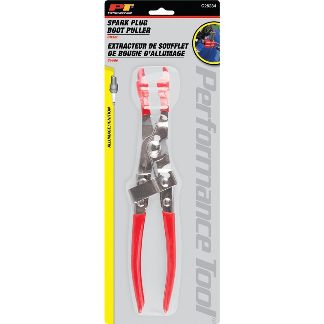 Performance Tool Spark Plug Boot Removal Tool, 45 Degree Angled Shaft, Vinyl Grip Handle, Steel, Spring Loaded, 9-3/4 Inch Length – C28234
