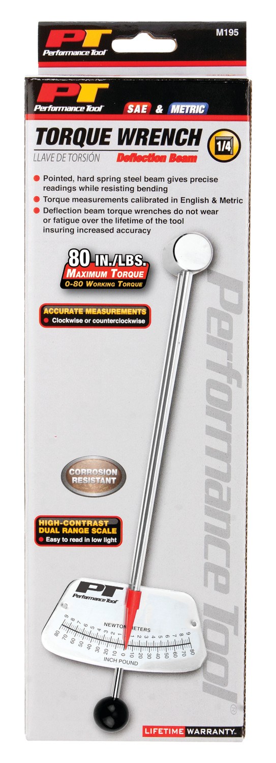 Performance Tool Torque Wrench, Beam Deflection, 1/4 Inch Drive, 0-80 Inch Pound Torque Range, Ball Type Handle – M195