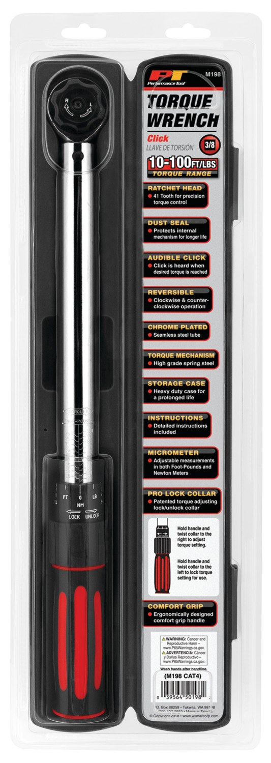 Performance Tool Torque Wrench, Lock/ Unlock Collar Type, 3/8 Inch Drive, 10-100 Foot Pound Torque Range – M198