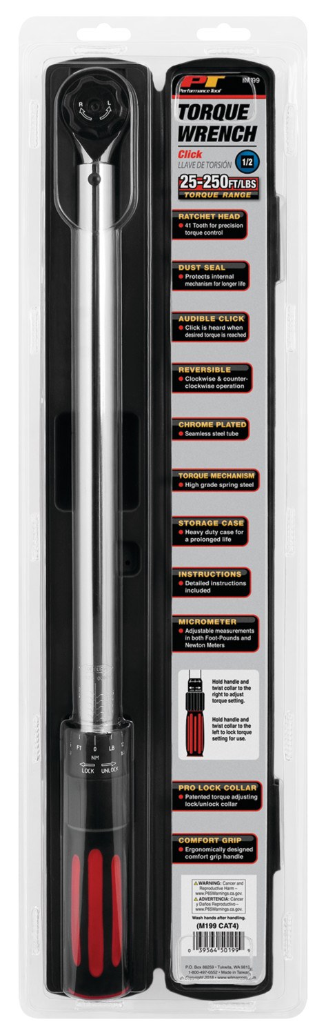 Performance Tool Torque Wrench, Lock/ Unlock Collar Type, 1/2 Inch Drive, 25-250 Inch Pound Torque Range – M199