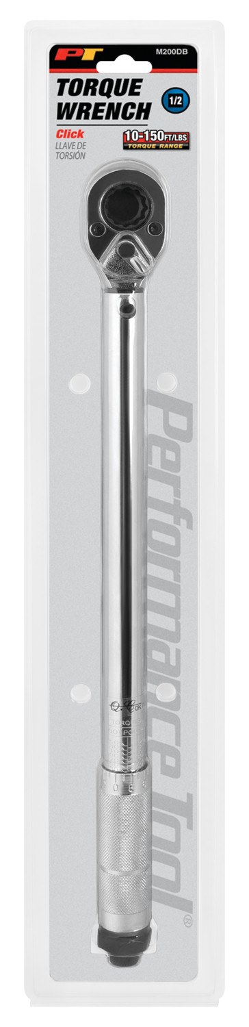 Performance Tool Torque Wrench, Clicking Type, 1/2 Inch Drive, 10-150 Foot Pound Torque Range, Chrome Plated, Alloy Steel – M200DB