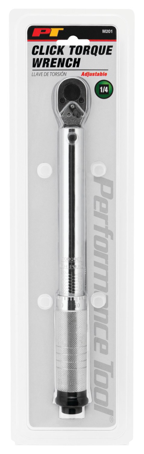 Performance Tool Torque Wrench, Clicking Type, 1/4 Inch Drive, 20-200 Inch Pound Torque Range, Chrome Plated, Alloy Steel – M201