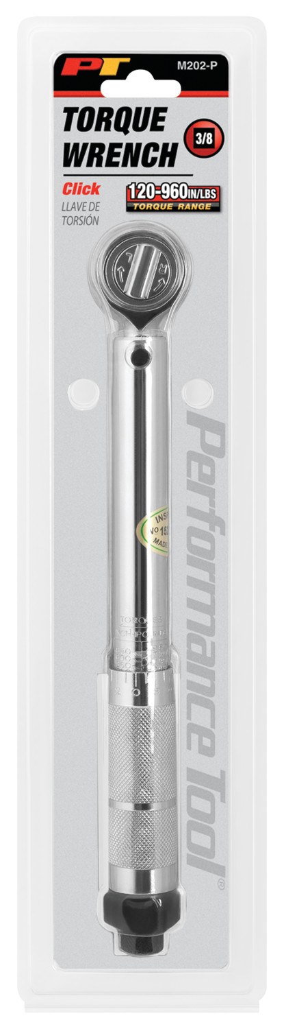 Performance Tool Torque Wrench, Clicking Type, 3/8 Inch Drive, 120-960 Inch Pound Torque Range, Chrome Plated, Alloy Steel – M202-P