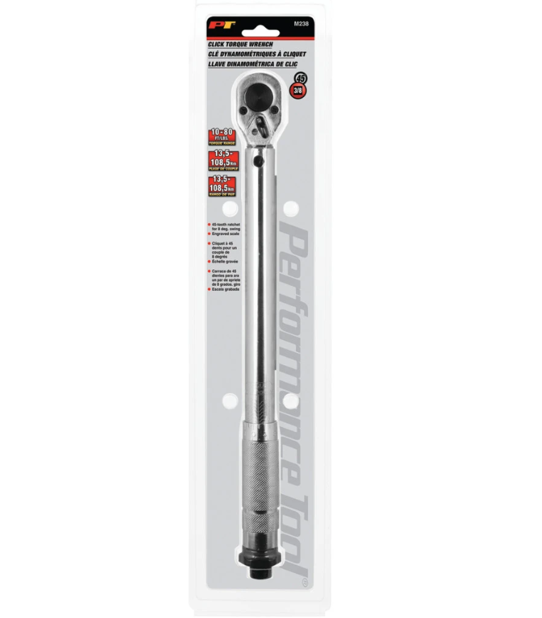 Performance Tool Torque Wrench, Dr.click, Clicking Type, 3/4 Inch Drive, 10 to 80 Foot Pound Torque, Silver/ Polished Chrome Plated – M238