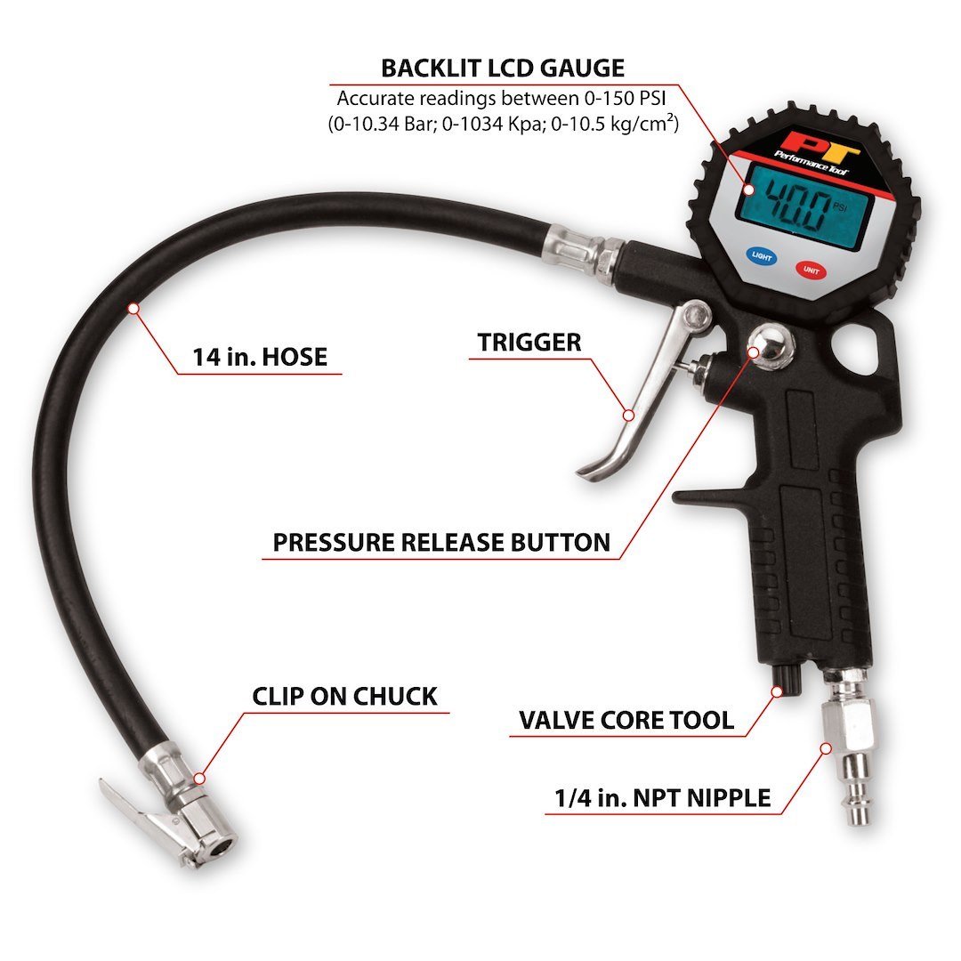 Performance Tool Air Compressor Tire Inflation Gun, 1/4 Inch Male Air Inlet – M525