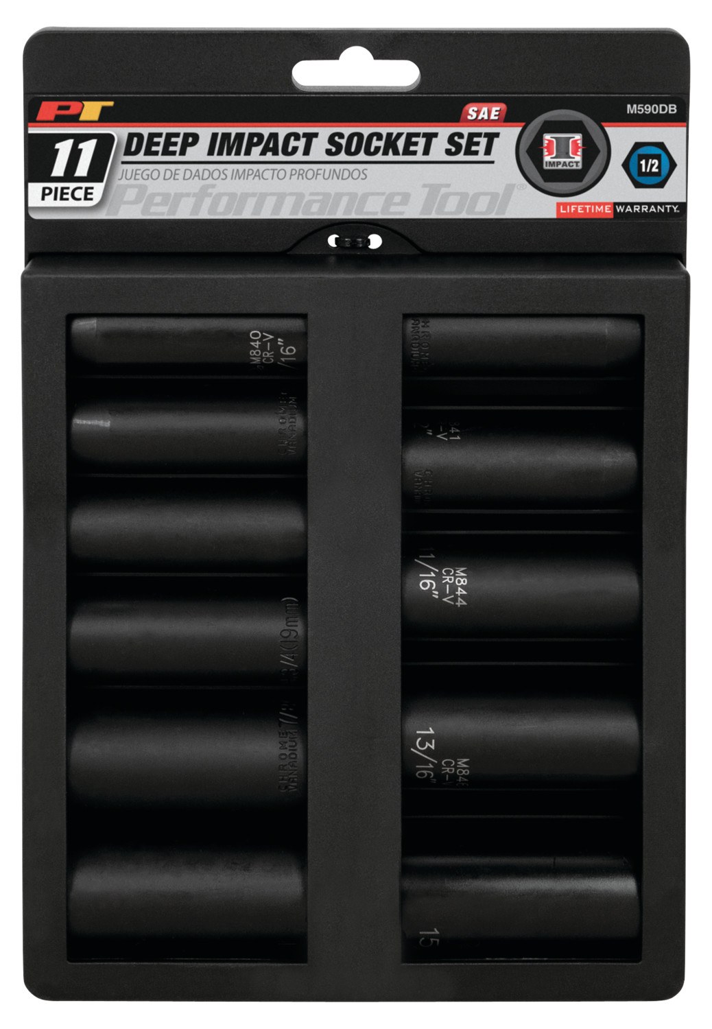 Performance Tool Socket Set, 1/2 Inch Drive, Standard, Deep Impact, Black/ Chrome Vanadium Steel – M590DB