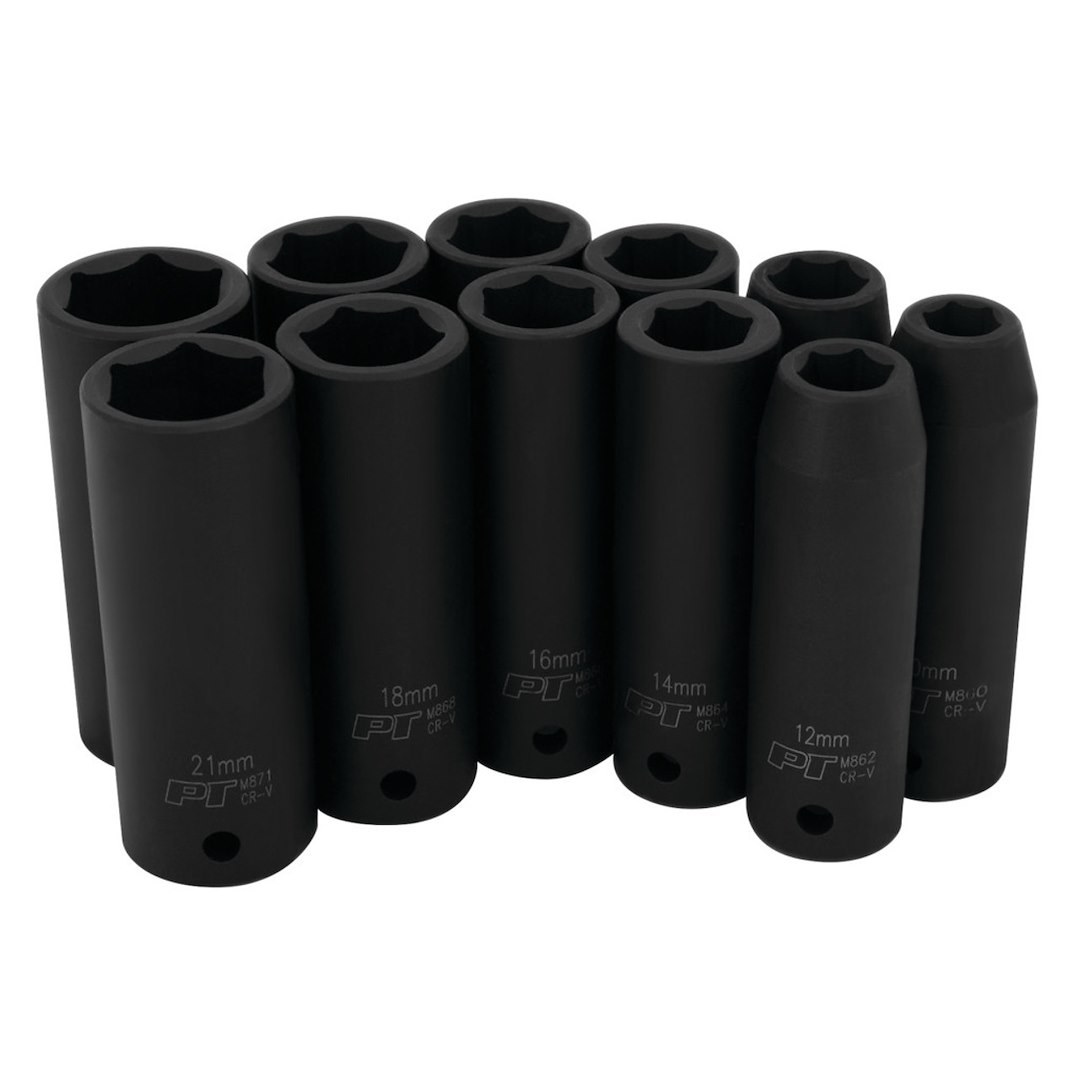 Performance Tool Socket Set, 1/2 Inch Drive, Metric, Deep Impact, Black/ Chrome Vanadium Steel – M591DB