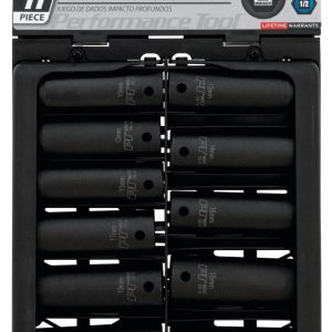 Performance Tool Socket Set, 1/2 Inch Drive, Metric, Deep Impact, Black/ Chrome Vanadium Steel – M591DB