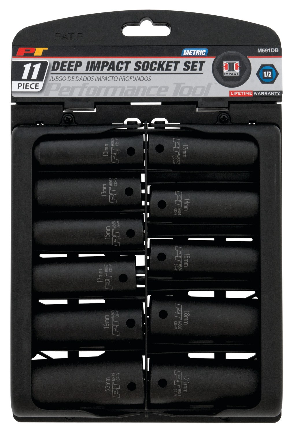 Performance Tool Socket Set, 1/2 Inch Drive, Metric, Deep Impact, Black/ Chrome Vanadium Steel – M591DB