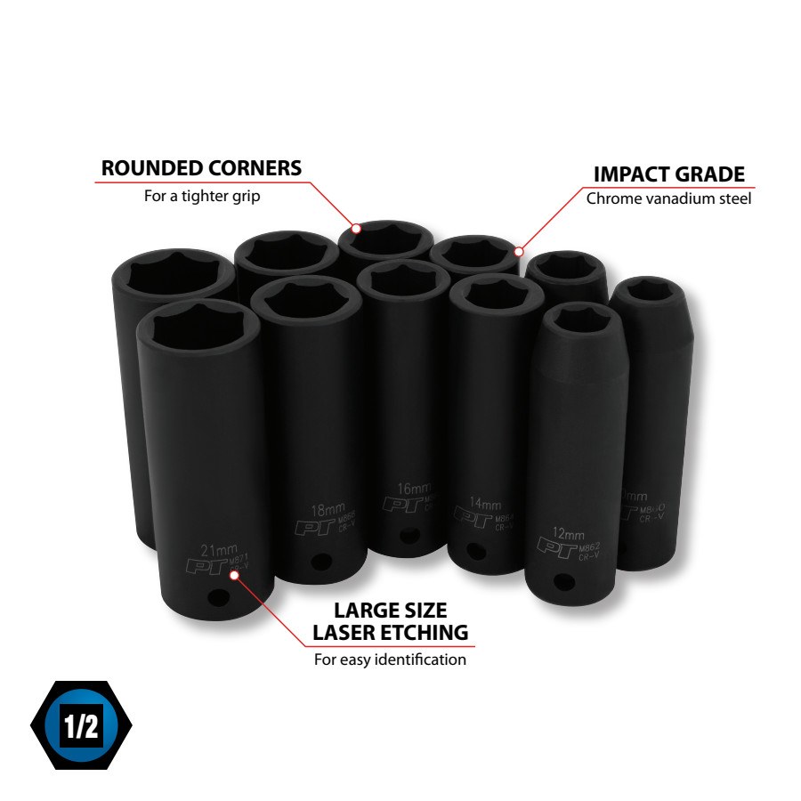 Performance Tool Socket Set, 1/2 Inch Drive, Metric, Deep Impact, Black/ Chrome Vanadium Steel – M591DB