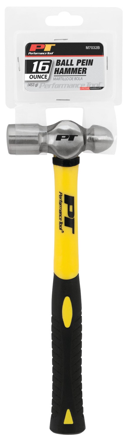 Performance Tool Hammer, Ball Pein, 16 Ounce Weight, Carbon Steel Head/ Fiberglass Handle, With Rubber Cushion Grip – M7032B