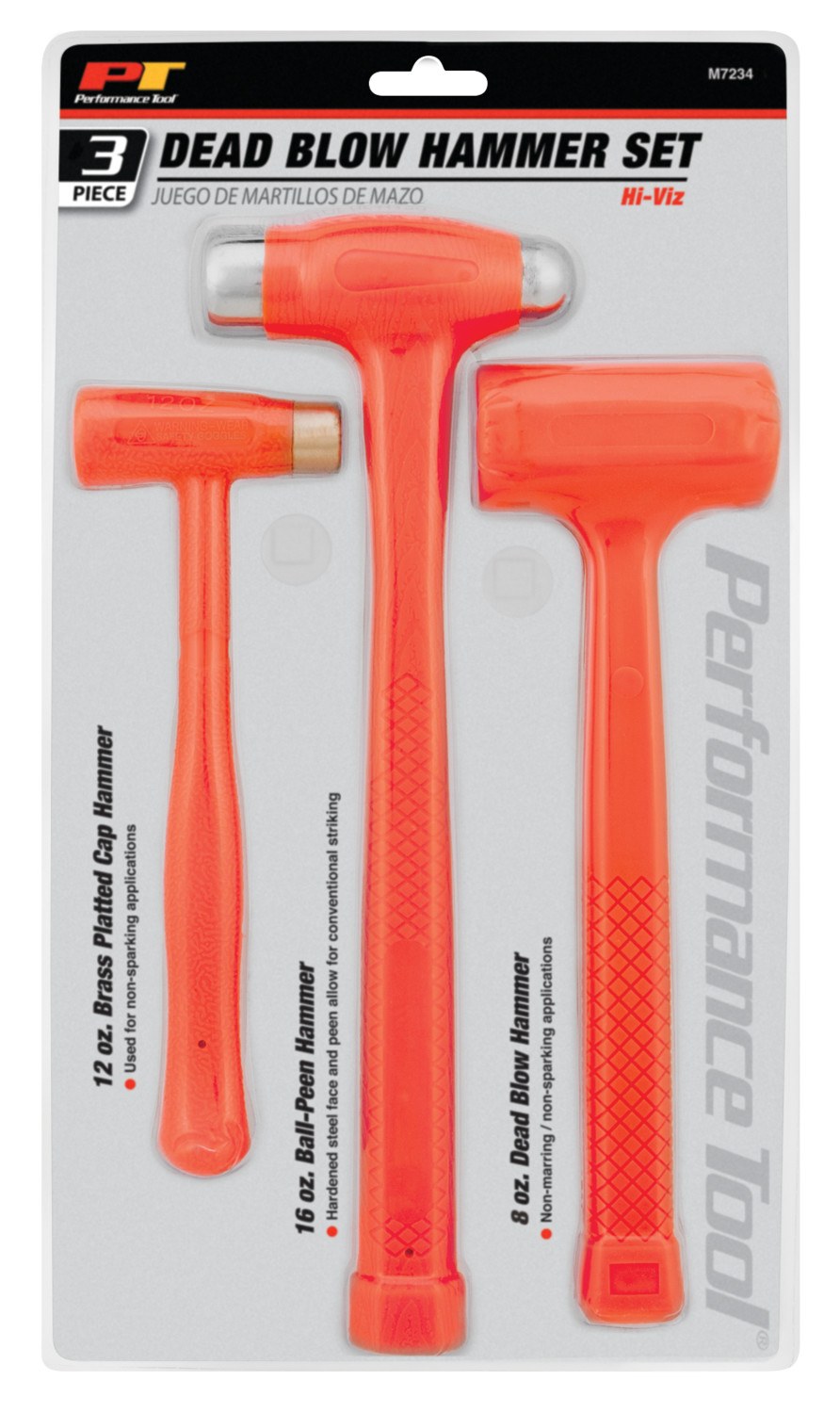 Performance Tool Hammer, 12 Ounce Brass Hammer/ 16 Ounce Ball-Peen Hammer and 8 Ounce Dead Blow Hammer, Steel with Urethane Cover – M7234
