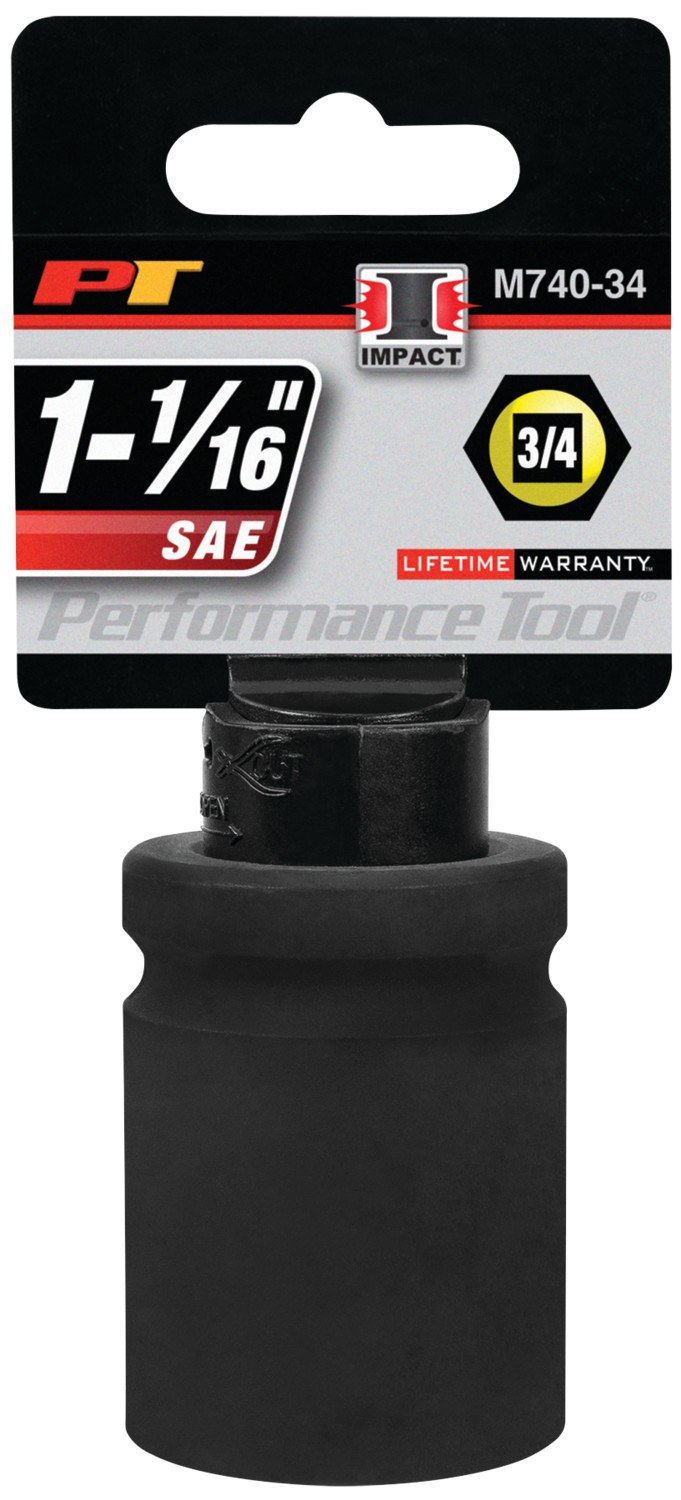 Performance Tool Socket, 3/4 Inch Drive, 1-1/16 Inch, Standard, Impact Socket, 6 Point, Black Oxide, Chrome Molybdenum Steel, Single – M740-34