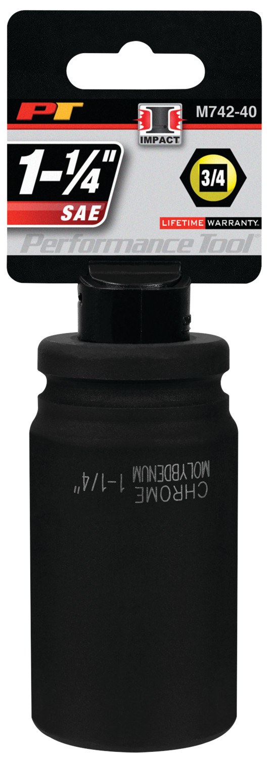 Performance Tool Socket, 3/4 Inch Drive, 1-1/4 Inch, Standard, Deep Impact Socket, 6 Point, Black Oxide, Chrome Molybdenum Steel, Single – M742-40