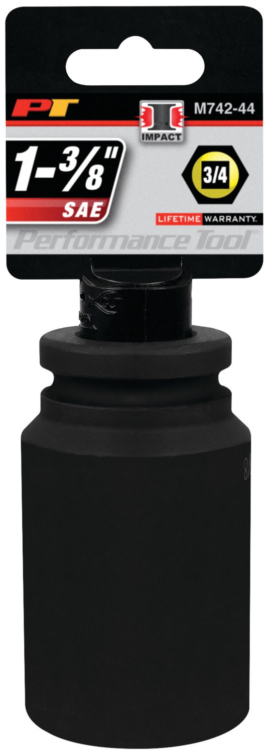 Performance Tool Socket, 3/4 Inch Drive, 1-3/8 Inch, Standard, Deep Impact Socket, 6 Point, Black Oxide, Chrome Molybdenum Steel, Single – M742-44