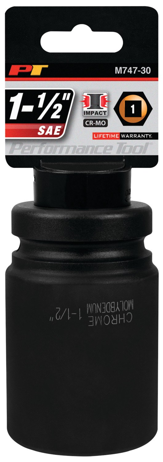 Performance Tool Socket, 1 Inch Drive, 1-1/2 Inch, Standard, Deep Impact Socket, 6 Point, Black, Chrome Molybdenum Steel, Single – M747-30