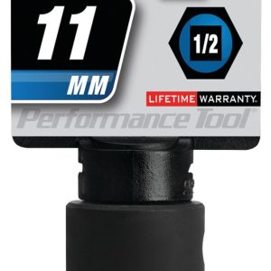 Performance Tool Socket, 1/2 Inch Drive, 11 Millimeter, Metric, Impact Socket, 6 Point, Chrome Vanadium Steel, Single – M821
